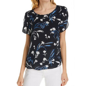 Joie Wira Navy Floral Silk Short Petal Sleeve Top Size M